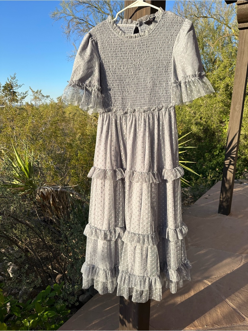 Light Purple/Gray Swiss Dot Tiered Ruffle Midi Dress